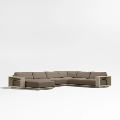 Mallorca Wood 4-Piece Left-Arm Chaise U-Shaped Outdoor Sectional Sofa with Cast Shale Brown Sunbrella ® Cushions