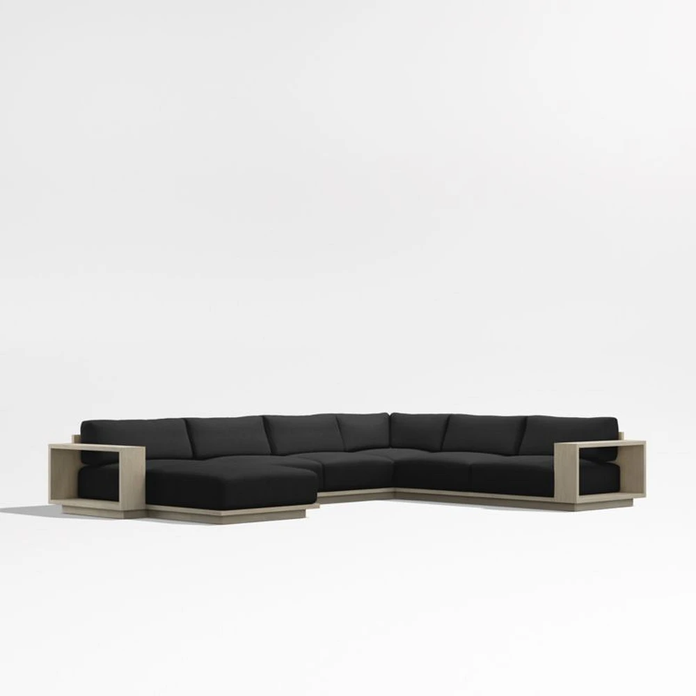 Mallorca Wood 4-Piece Left-Arm Chaise U-Shaped Outdoor Sectional Sofa with Cast Charcoal Grey Sunbrella ® Cushions