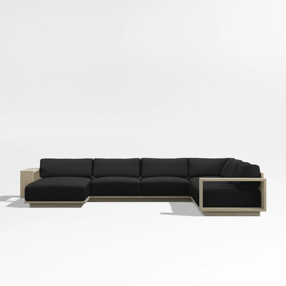 Mallorca Wood 4-Piece Left-Arm Chaise U-Shaped Outdoor Sectional Sofa with Cast Charcoal Grey Sunbrella ® Cushions