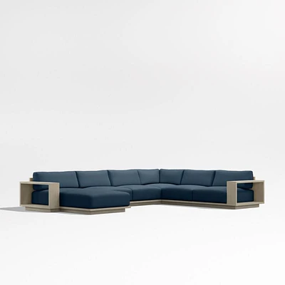 Mallorca Wood 4-Piece Left-Arm Chaise U-Shaped Outdoor Sectional Sofa with Cast Harbor Navy Blue Sunbrella ® Cushions