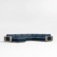 Mallorca Wood 4-Piece Left-Arm Chaise U-Shaped Outdoor Sectional Sofa with Cast Harbor Navy Blue Sunbrella ® Cushions