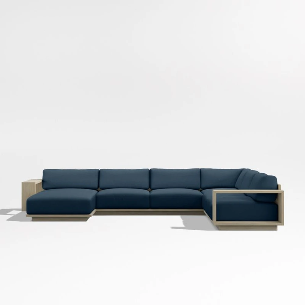 Mallorca Wood 4-Piece Left-Arm Chaise U-Shaped Outdoor Sectional Sofa with Cast Harbor Navy Blue Sunbrella ® Cushions