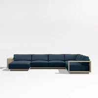 Mallorca Wood 4-Piece Left-Arm Chaise U-Shaped Outdoor Sectional Sofa with Cast Harbor Navy Blue Sunbrella ® Cushions