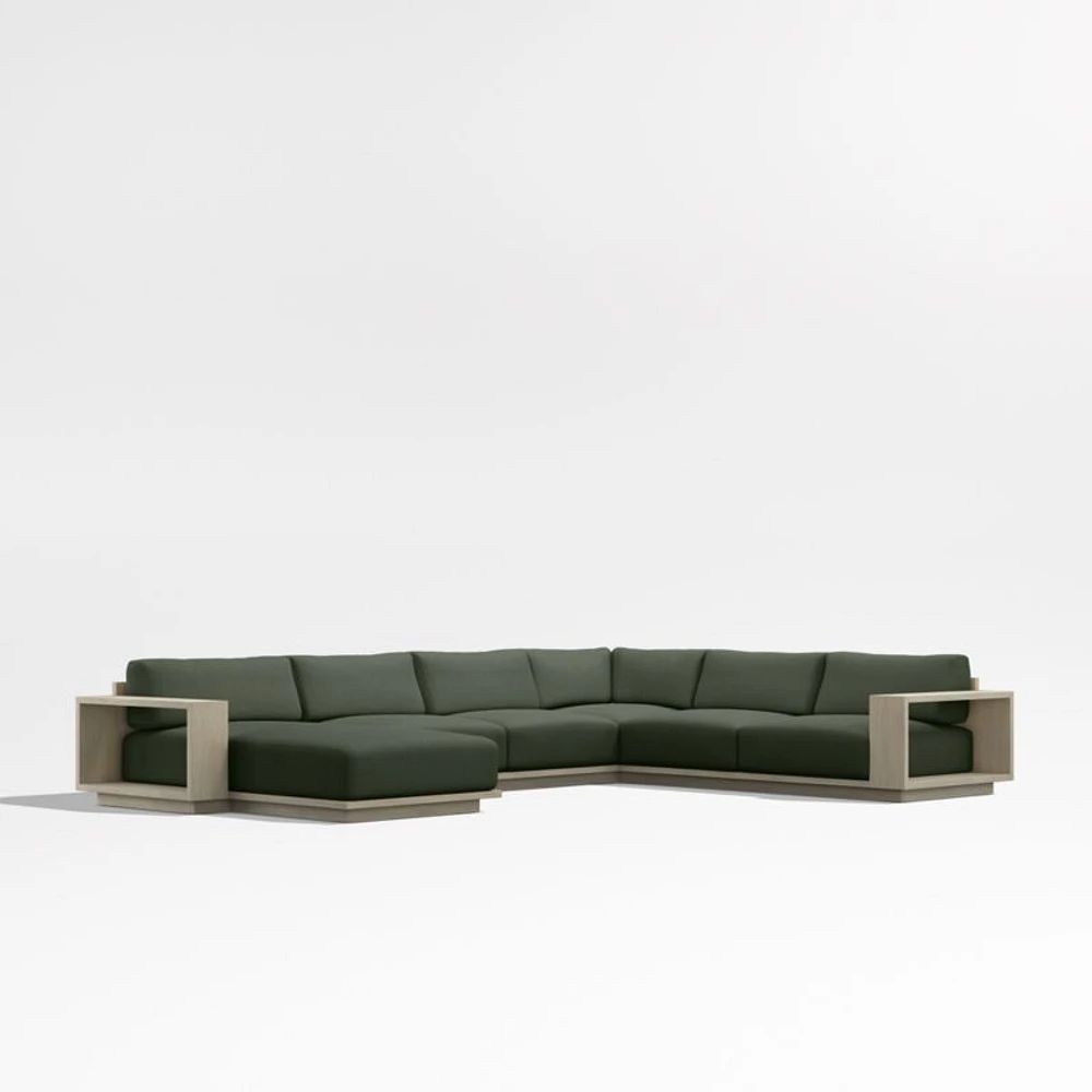 Mallorca Wood 4-Piece Left-Arm Chaise U-Shaped Outdoor Sectional Sofa with Cast Sage Green Sunbrella ® Cushions