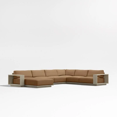 Mallorca Wood 4-Piece Left-Arm Chaise U-Shaped Outdoor Sectional Sofa with Cast Teak Brown Sunbrella ® Cushions
