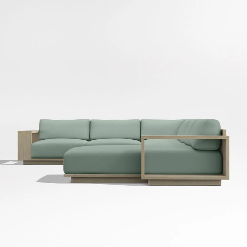 Mallorca Wood 4-Piece Right-Arm Chaise U-Shaped Outdoor Sectional Sofa with Canvas Spa Blue Sunbrella ® Cushions