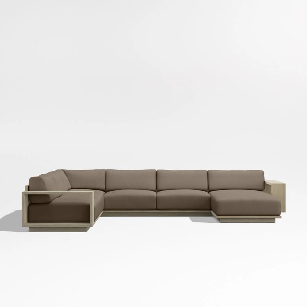 Mallorca Wood 4-Piece Right-Arm Chaise U-Shaped Outdoor Sectional Sofa with Cast Shale Brown Sunbrella ® Cushions