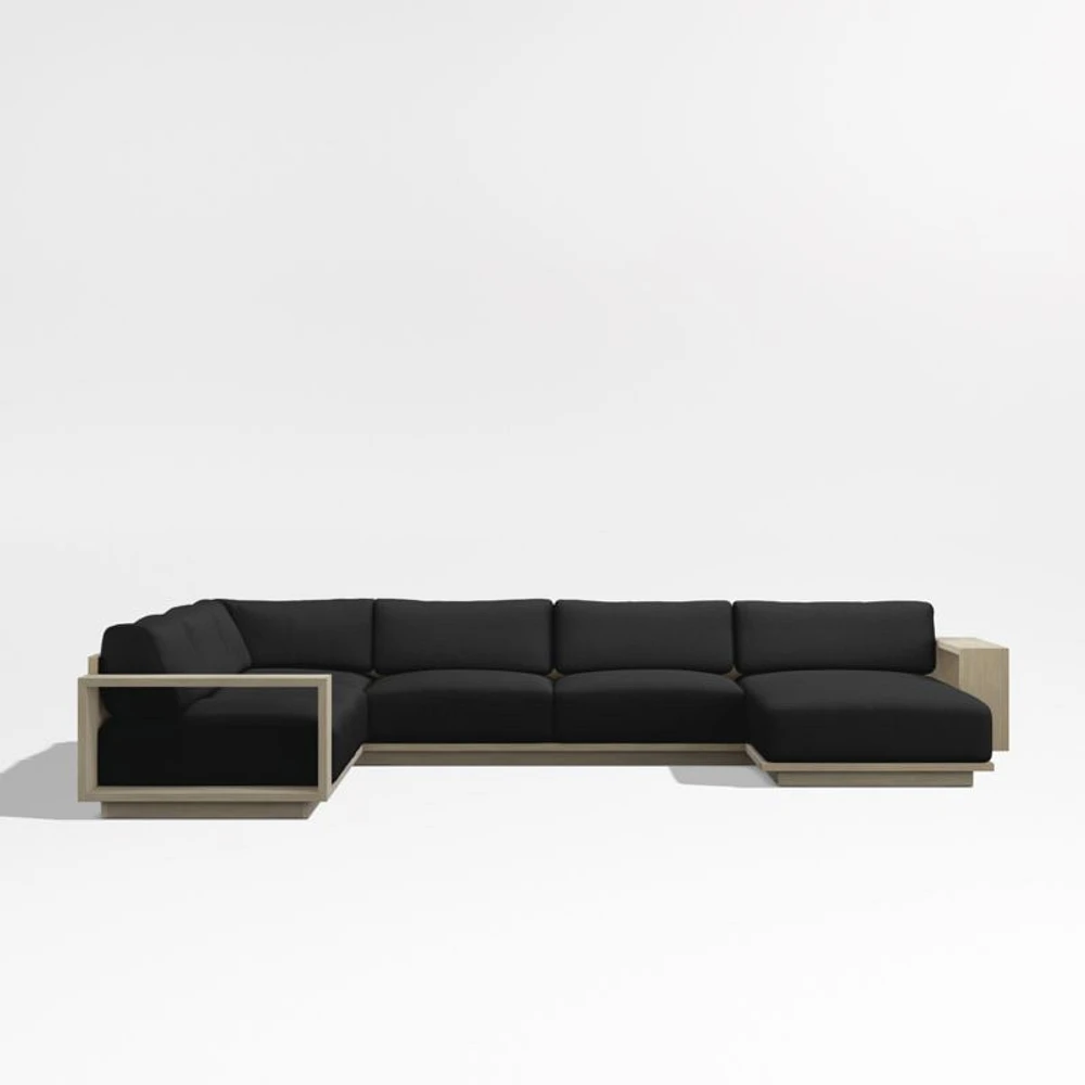 Mallorca Wood 4-Piece Right-Arm Chaise U-Shaped Outdoor Sectional Sofa with Cast Charcoal Grey Sunbrella ® Cushions