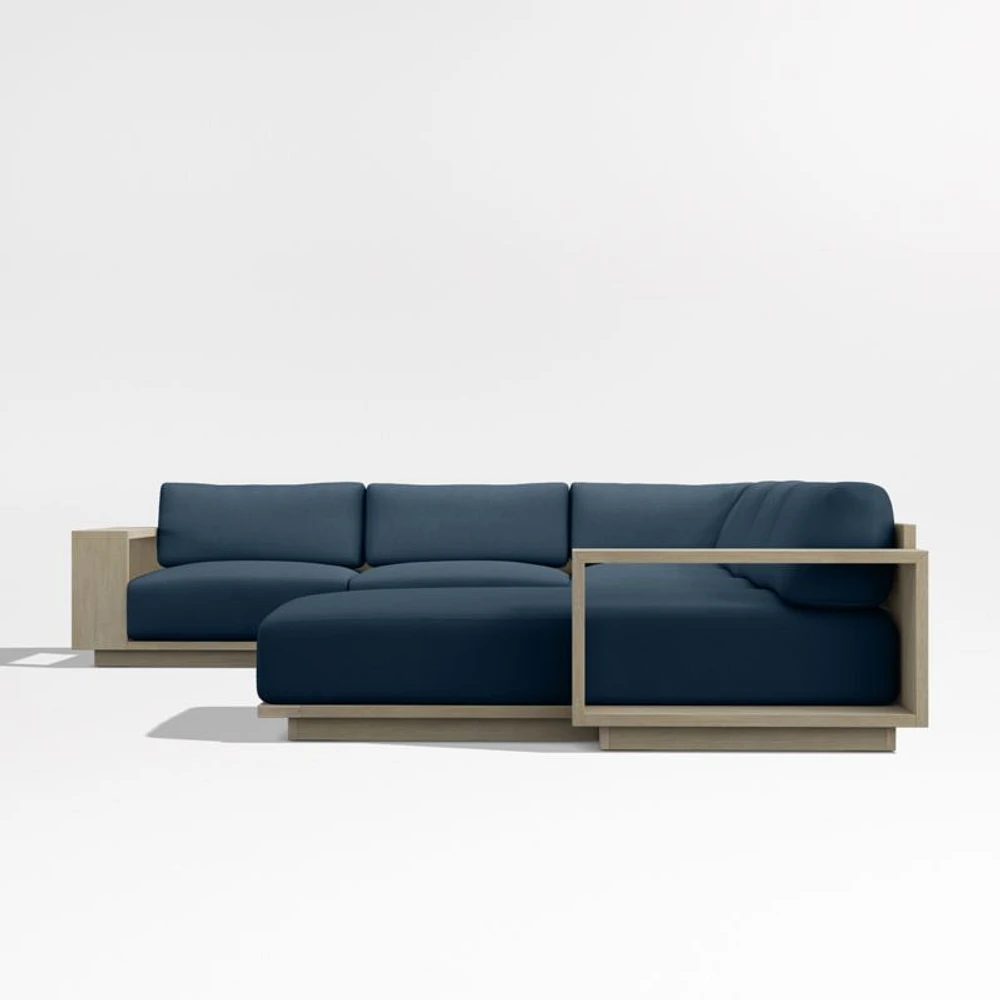 Mallorca Wood 4-Piece Right-Arm Chaise U-Shaped Outdoor Sectional Sofa with Cast Harbor Navy Blue Sunbrella ® Cushions