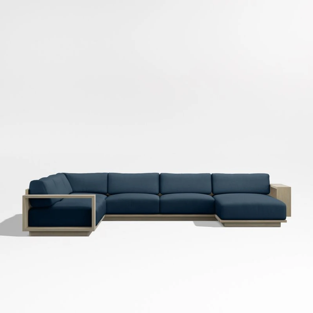 Mallorca Wood 4-Piece Right-Arm Chaise U-Shaped Outdoor Sectional Sofa with Cast Harbor Navy Blue Sunbrella ® Cushions