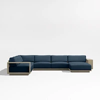 Mallorca Wood 4-Piece Right-Arm Chaise U-Shaped Outdoor Sectional Sofa with Cast Harbor Navy Blue Sunbrella ® Cushions