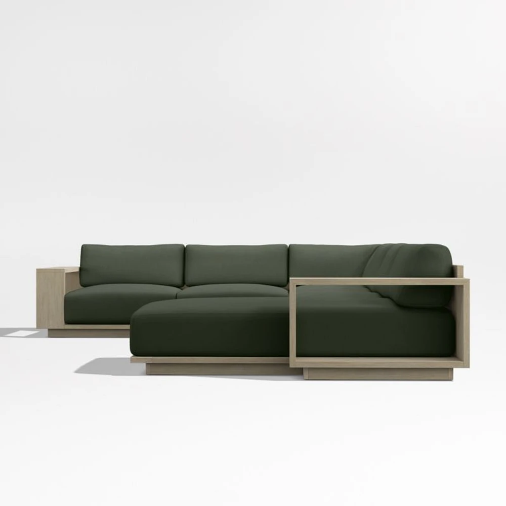 Mallorca Wood 4-Piece Right-Arm Chaise U-Shaped Outdoor Sectional Sofa with Cast Sage Green Sunbrella ® Cushions