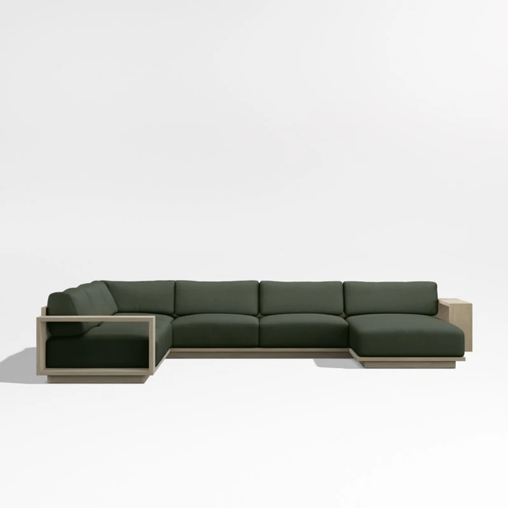 Mallorca Wood 4-Piece Right-Arm Chaise U-Shaped Outdoor Sectional Sofa with Cast Sage Green Sunbrella ® Cushions