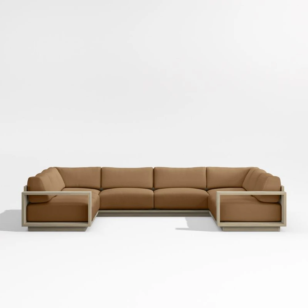 Mallorca Wood 5-Piece U-Shaped Outdoor Sectional Sofa with Cast Teak Brown Sunbrella ® Cushions