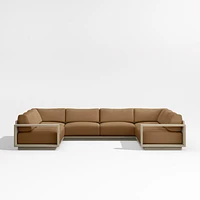Mallorca Wood 5-Piece U-Shaped Outdoor Sectional Sofa with Cast Teak Brown Sunbrella ® Cushions
