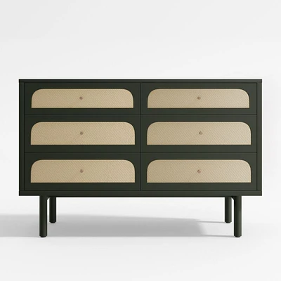 Maren Olive Green and Cane Wood 6-Drawer Dresser