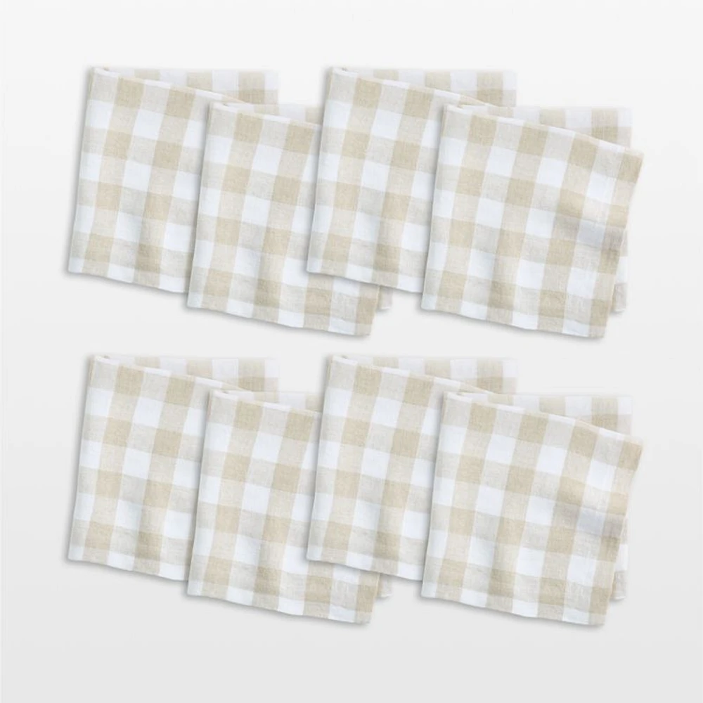 Marin White and Natural Buffalo Check EUROPEAN FLAX®-Certified Linen Dinner Napkins, Set of 8