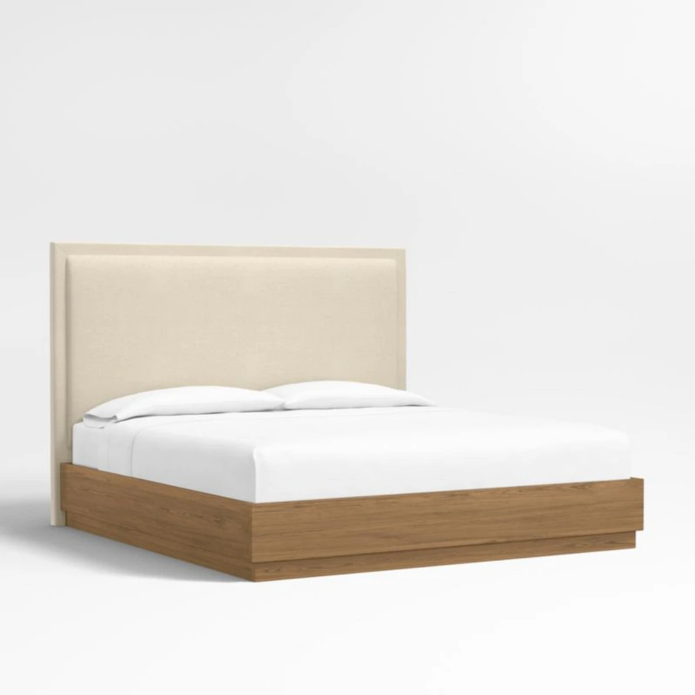 Meraux 56" Ivory Upholstered King Headboard with Batten Brown Oak Bed Base
