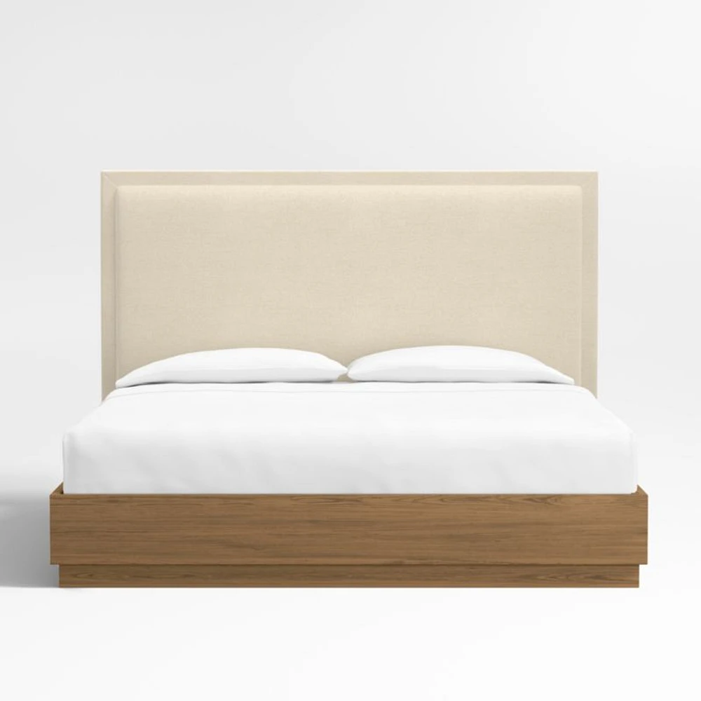 Meraux 56" Ivory Upholstered King Headboard with Batten Brown Oak Bed Base