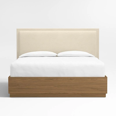 Meraux 56" Ivory Upholstered King Headboard with Batten Brown Oak Storage Bed Base