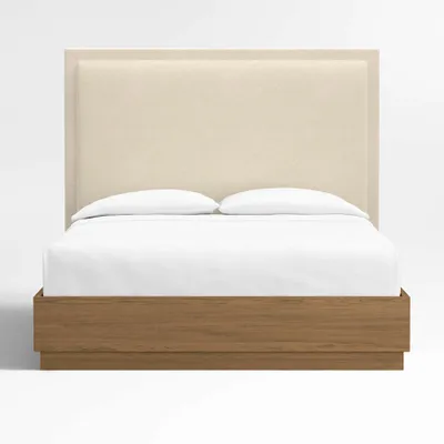 Meraux 56" Ivory Upholstered Queen Headboard with Batten Oak Bed Base