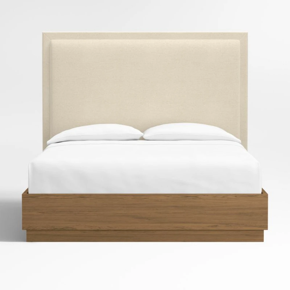 Meraux 56" Ivory Upholstered King Headboard with Batten Brown Oak Bed Base