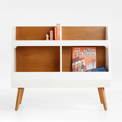 Walnut Wood and White Mid-Century 4-Cube Cubby Bookcase
