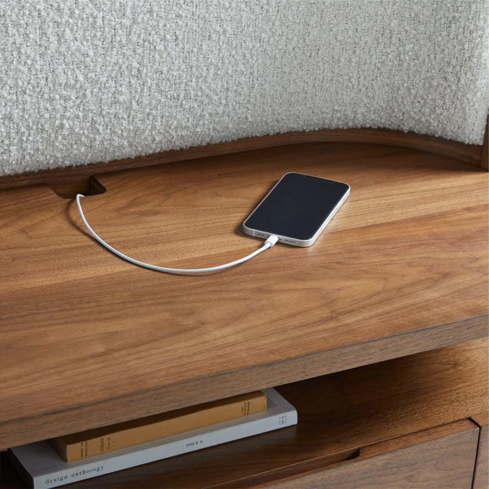Milano Natural Walnut Wood Upholstered Queen Bed with Nightstands