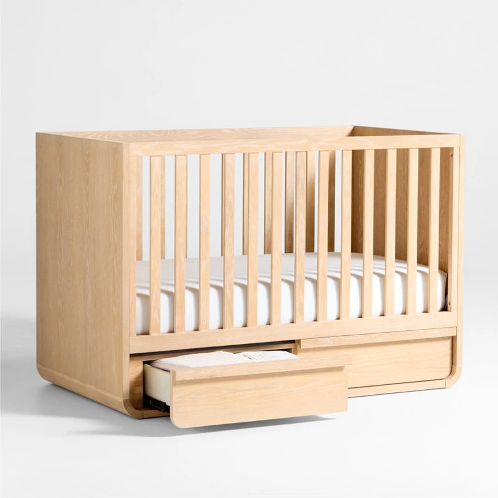 Mira Natural Oak Wood Convertible Baby Crib with Storage