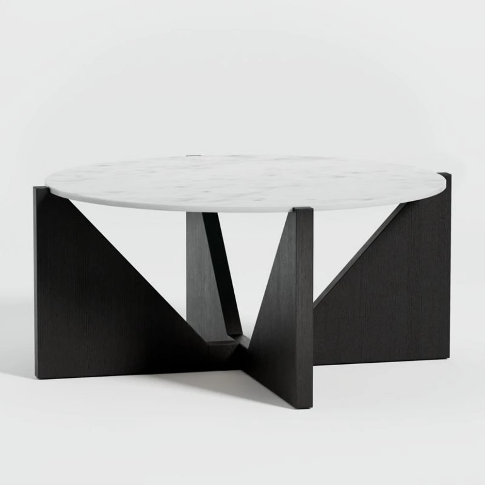 Miro White Marble and Ebonized Mahogany Wood 41" Round Coffee Table