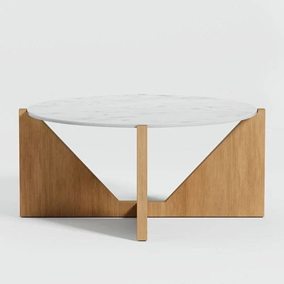 Miro White Marble and Natural Mahogany Wood 41" Round Coffee Table