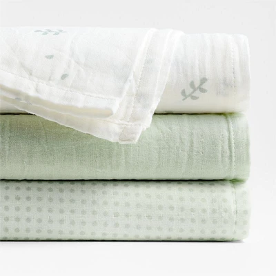 Mixed Print Muted Teal Organic Cotton Gauze Baby Swaddle Blankets, Set of 3