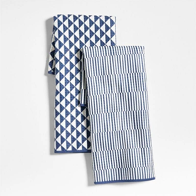 Modern Check Indigo Recycled Kitchen Towels, Set of 2