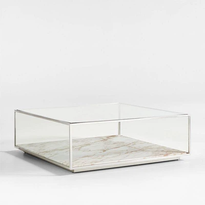 Modernist Metal and Glass 44" Square Display Coffee Table with Marble Shelf