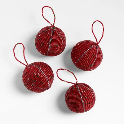 Mo's Crib Hand Beaded Red Ball Christmas Ornaments, Set of 4