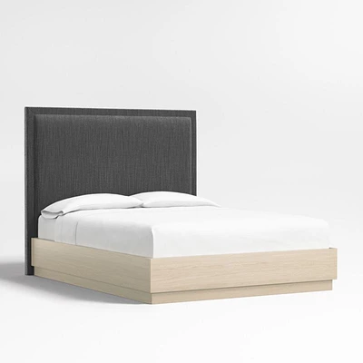 Meraux 56" Charcoal Grey Queen Upholstered Headboard with Batten White Oak Bed Base