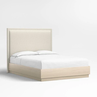 Meraux 56" Natural Beige Upholstered Queen Headboard with Batten White Oak Bed Base