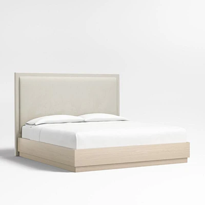 Meraux 56" Beige Upholstered Queen Headboard with Batten White Oak Bed Base
