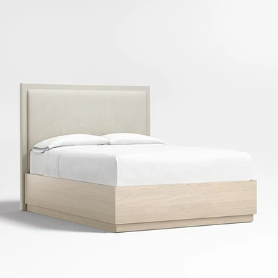 Meraux 56" Beige Upholstered Queen Headboard with Batten White Oak Storage Bed Base