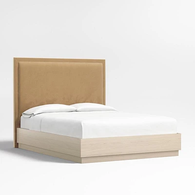 Meraux 56" Camel Brown Upholstered Queen Headboard with Batten White Oak Bed Base