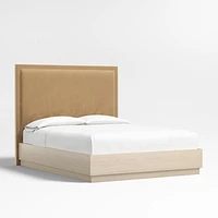 Meraux 56" Camel Brown Upholstered King Headboard with Batten White Oak Bed Base