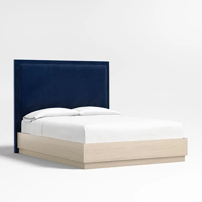 Meraux 56" Navy Queen Upholstered Headboard with Batten White Oak Bed Base