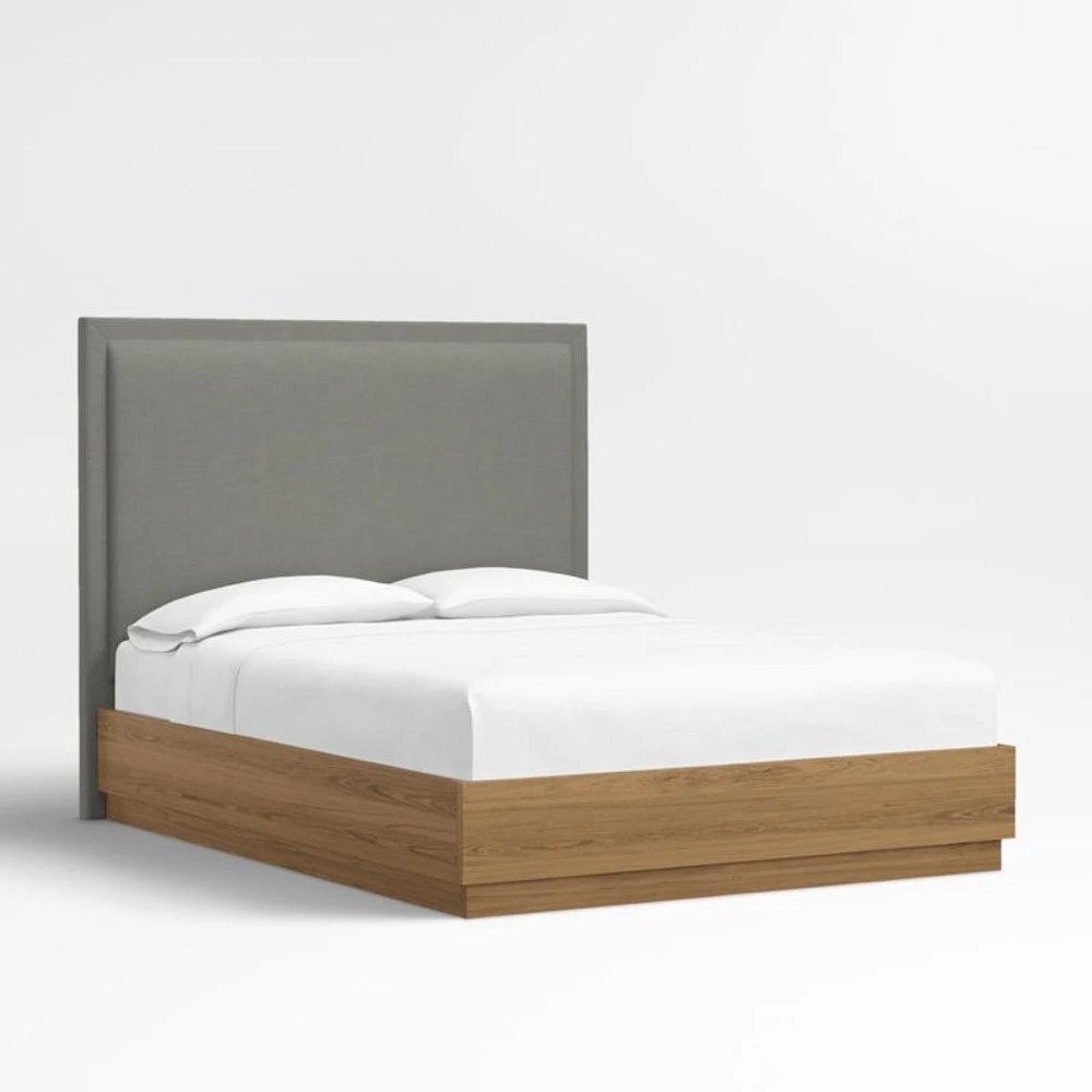 Meraux 56" Graphite Grey Upholstered Queen Headboard with Batten Brown Oak Bed Base