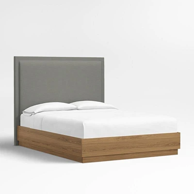 Meraux 56" Graphite Grey Upholstered Queen Headboard with Batten Brown Oak Bed Base