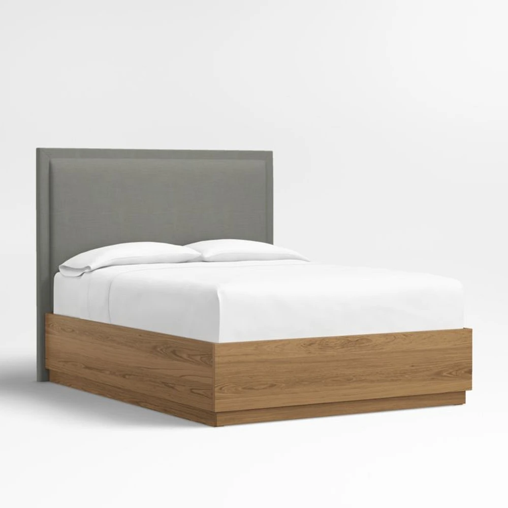 Meraux 56" Graphite Grey Upholstered Queen Headboard with Batten Brown Oak Storage Bed Base