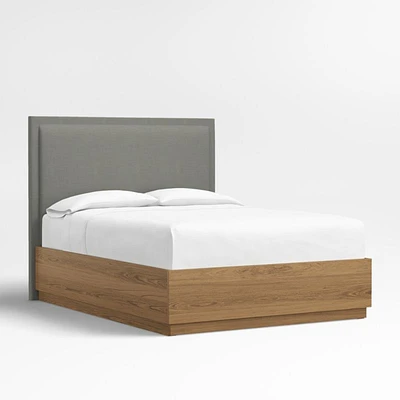 Meraux 56" Graphite Grey Upholstered Queen Headboard with Batten Brown Oak Storage Bed Base