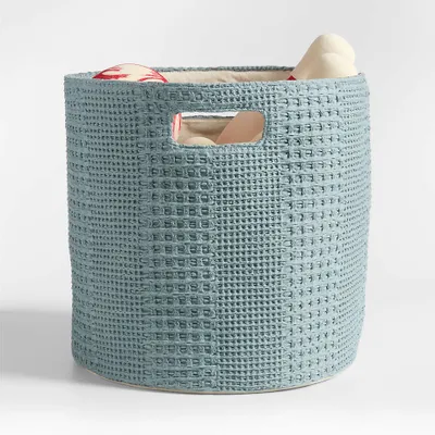 Nella Green Cotton Waffle Weave Large Storage Bin with Handles