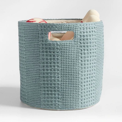 Nella Green Cotton Waffle Weave Large Storage Bin with Handles