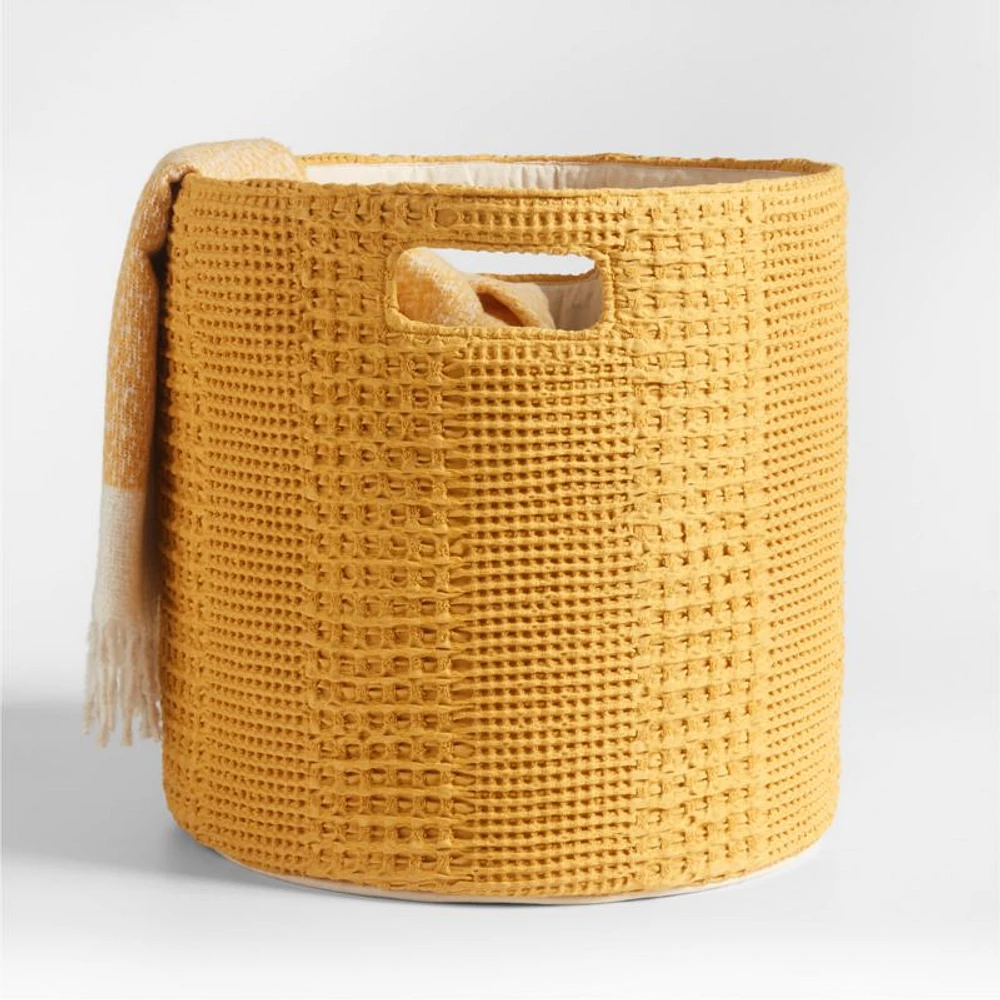 Nella Ochre Yellow Cotton Waffle Weave Large Storage Bin with Handles