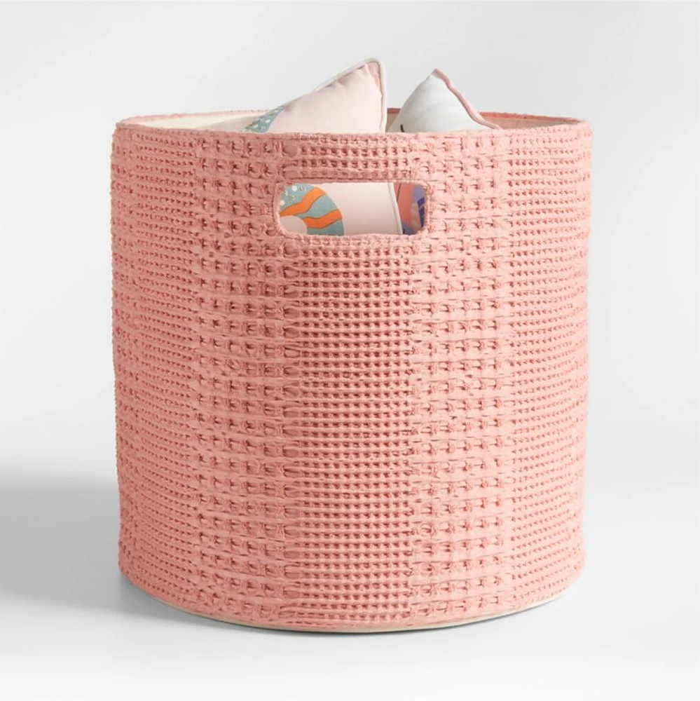 Nella Rose Pink Cotton Waffle Weave Large Storage Bin with Handles